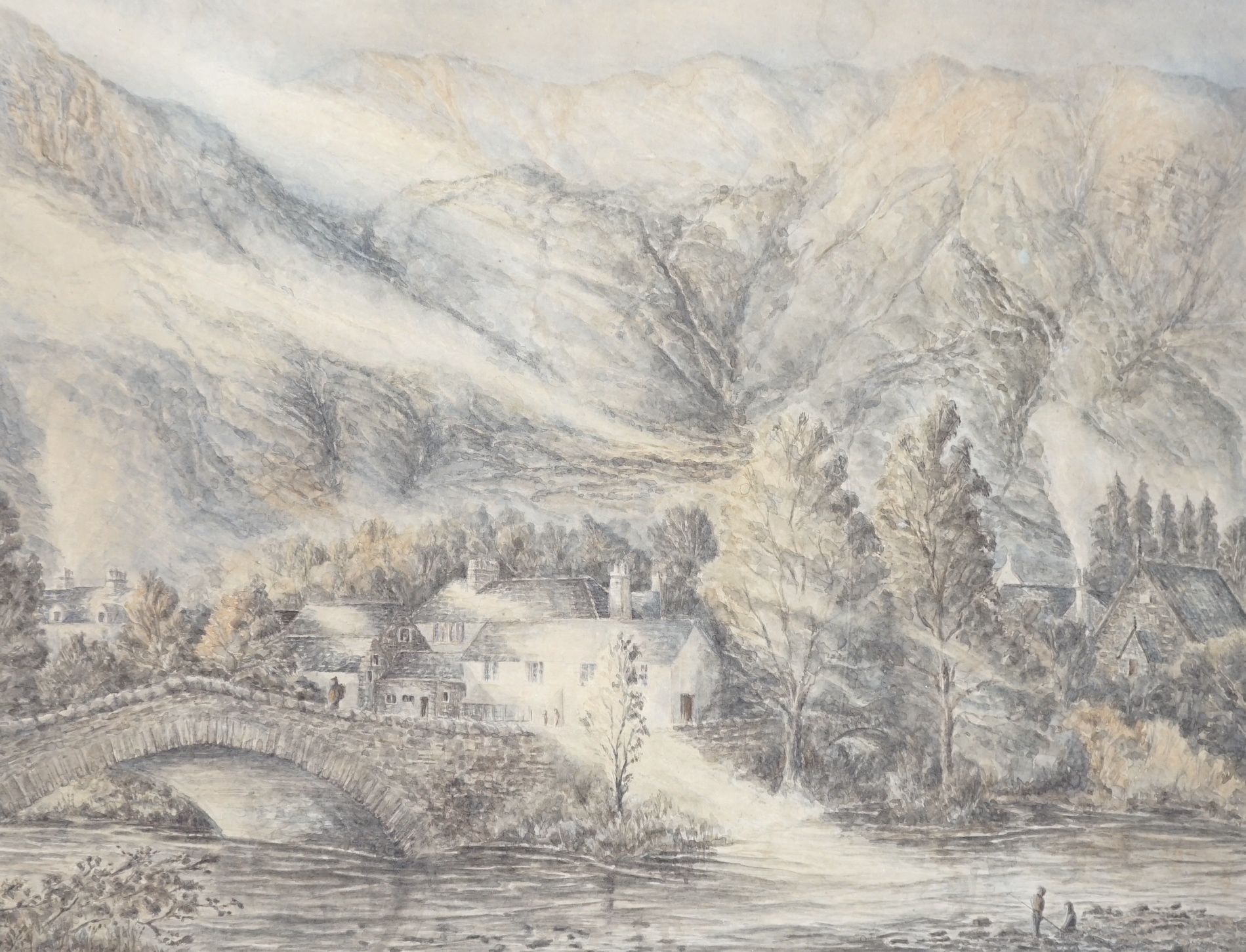 Holloway, heightened ink, Two Cossacks on horseback, together with an unsigned watercolour, ‘Grange, from the Borrowdale Road’, largest 37 x 50cm